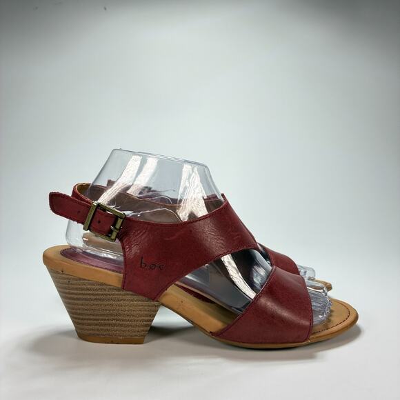 b.o.c. Burgundy Leather Slingback Block Heel Peep Toe Sandals Women's Size 8 M - Picture 1 of 9
